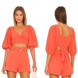 Jonathan Simkhai Swim Mila Puff Sleeve Wrap Top gauze chili orange size medium